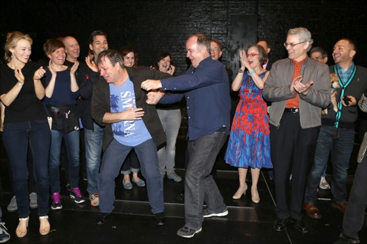 Zach Braff, Betsy Wolfe, Jim Borstelmann and Kevin Ligon with company at 