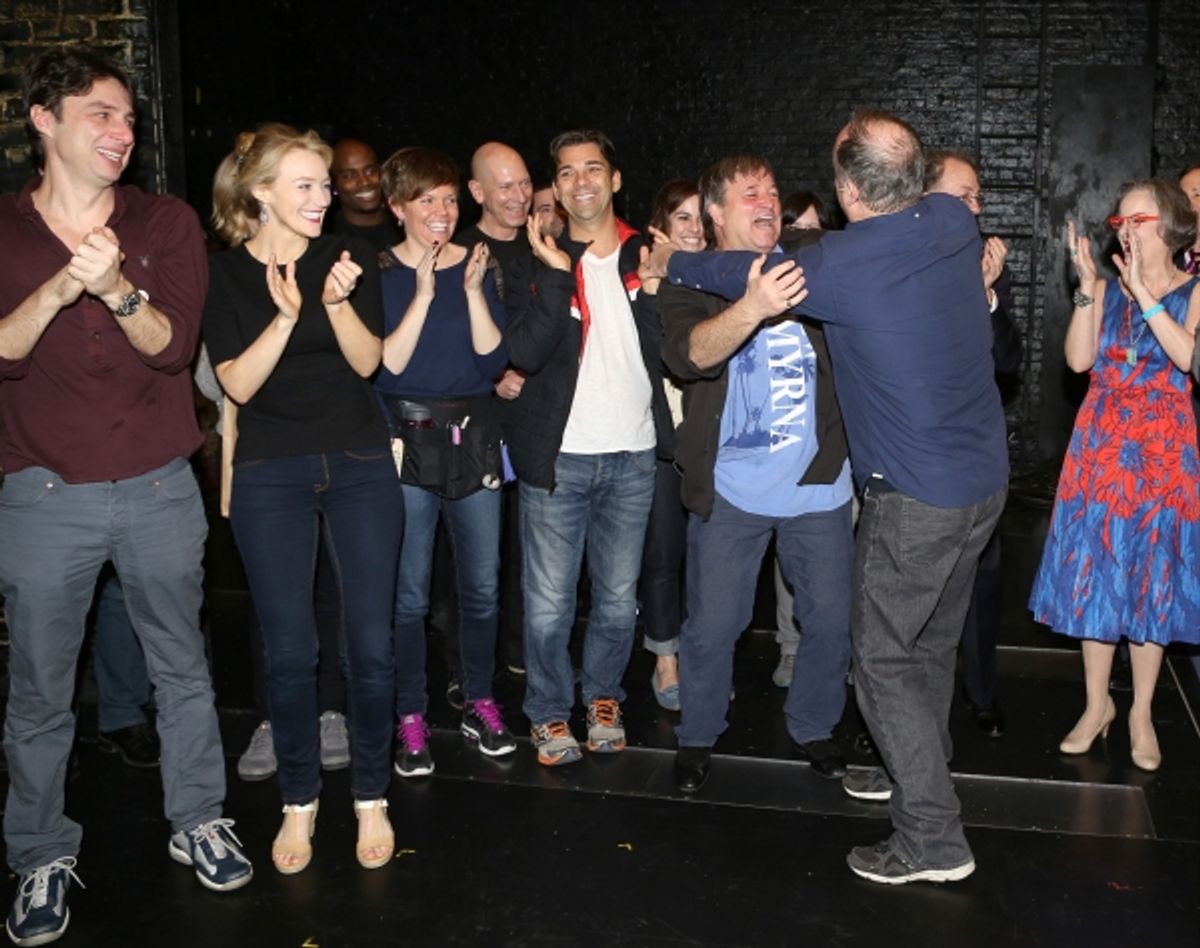 Zach Braff, Betsy Wolfe, Jim Borstelmann and Kevin Ligon with company at 
