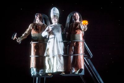 Ryan McKinny as Donner, Melody Moore as Freia & Chad Shelton as Froh. Photo