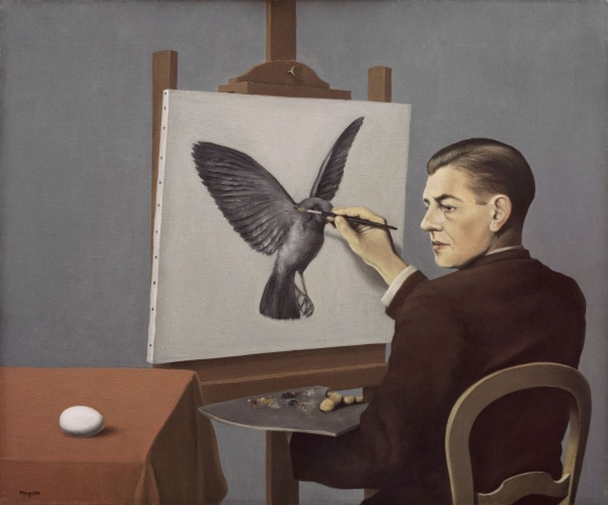RenÃƒÂ© Magritte (Belgian, 1898Ã¢â‚¬â€œ1967). Clairvoyance (La Clairvoyance), 1936. Oil on canvas; 54 Ãƒâ€” 65 cm (21 1/4 Ãƒâ€” 25 9/16 in.). Mr. and Mrs. Wilbur Ross. Ã‚Â© Charly Herscovici Ã¢â‚¬â€œ ADAGP Ã¢â‚¬â€œ ARS, 2014 at First Look at MAGRITTE: THE MYSTERY OF THE ORDINARY, 1926-1938 at The Art Institute of Chicago