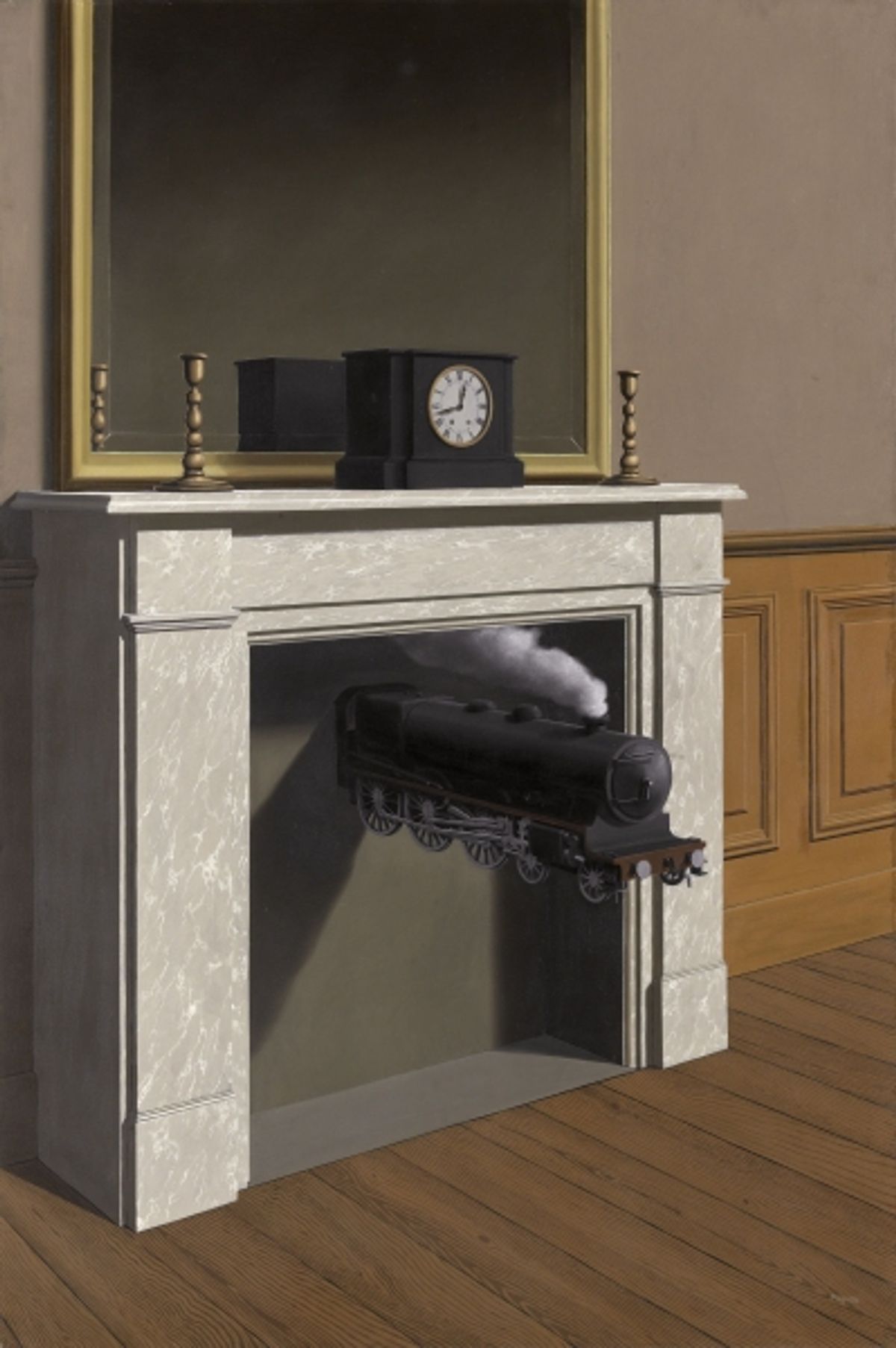RenÃƒÂ© Magritte (Belgian, 1898Ã¢â‚¬â€œ1967). Time Transfixed (La DurÃƒÂ©e poignardÃƒÂ©e), 1938. Oil on canvas; 147 Ãƒâ€” 99 cm (57 7/8 Ãƒâ€” 39 in.). The Art Institute of Chicago, Joseph Winterbotham Collection, 1970.426. Ã‚Â© Charly Herscovici Ã¢â‚¬â€œ at First Look at MAGRITTE: THE MYSTERY OF THE ORDINARY, 1926-1938 at The Art Institute of Chicago