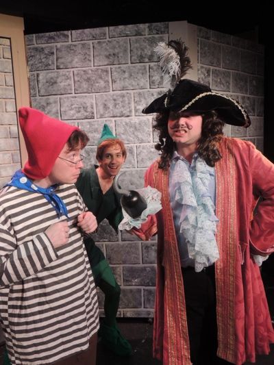 Matt Crawford as Mr. Smee, Joseph Waeyaert as Peter, and Jordan B. Stocksdale as Capt Photo