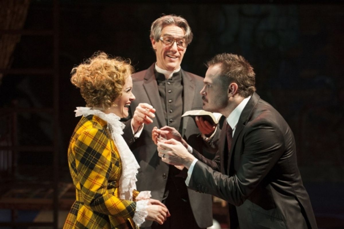 Reverend Kimball (Thomas Adrian Simpson, center) oversees the marriage of Polly Peachum (Erin Driscoll) and Macheath (Mitchell Jarvis) at 