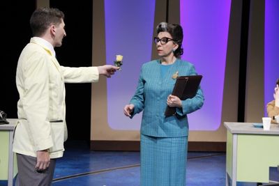 Tyler Ravelson as J. Pierrepont Finch and Iris Lieberman as Miss Jones Photo