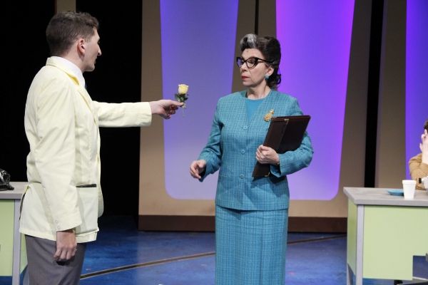 Tyler Ravelson as J. Pierrepont Finch and Iris Lieberman as Miss Jones Photo