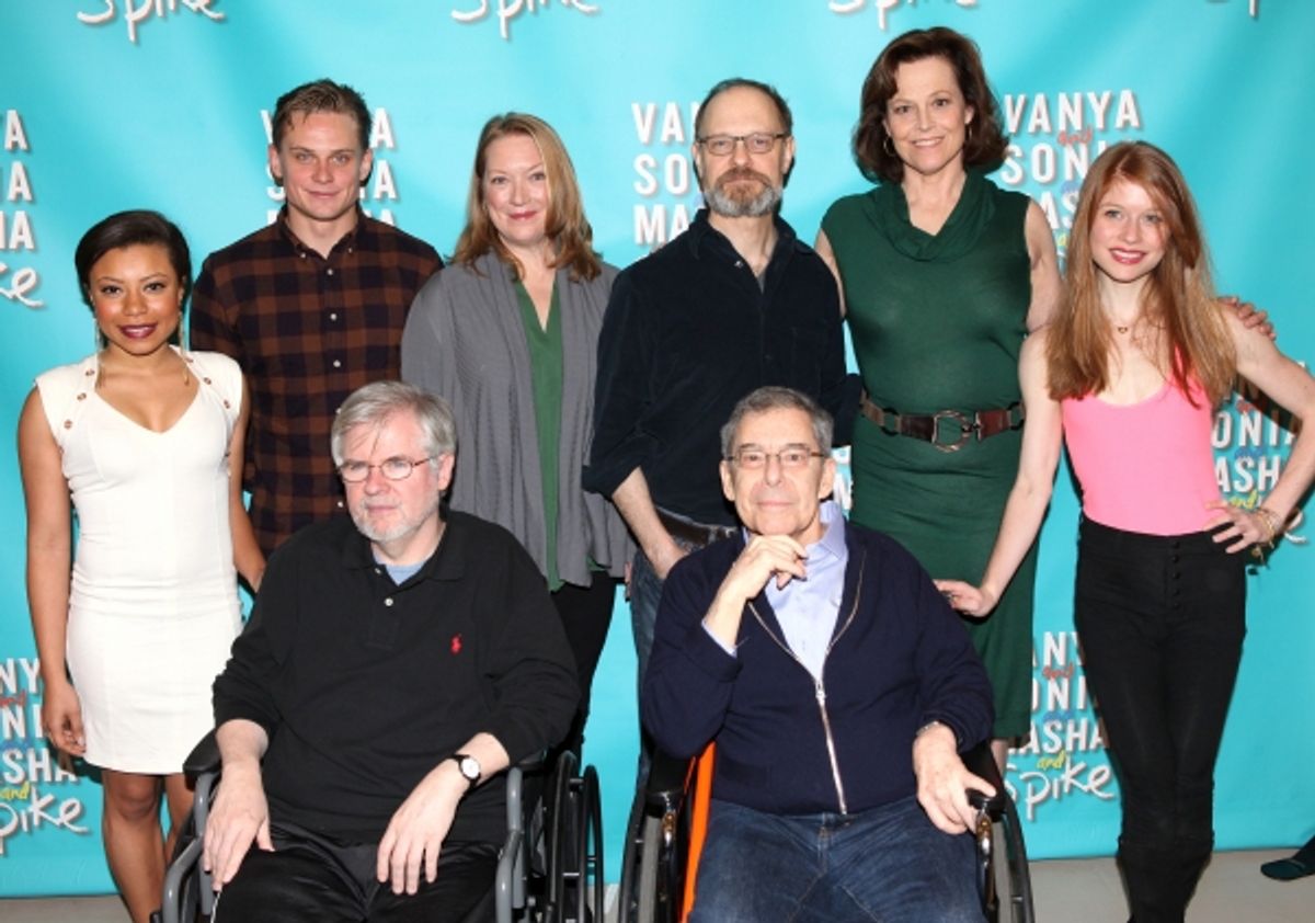 (L-R) Shalita Grant, Billy Magnussen, Kristine Nielsen, David Hyde Pierce, Sigourney Weaver and Genevive Angelson pose behind playwright Christopher Durang (L) and Director Nicholas Martin attending the Cast & Creative Meet & Greet for the Broadway Bound  at 