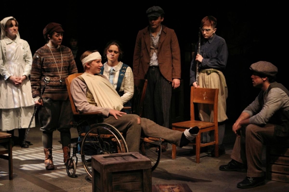 Bjorn (Keegan L. Robinson) gets a visit in the hospital from his friends in the boys band (l to r: Christian Bardin, Kendall Anne Thompson, Nic Delcambre, Izzy Karr, Ricardo Vazquez) after an accident at work at 