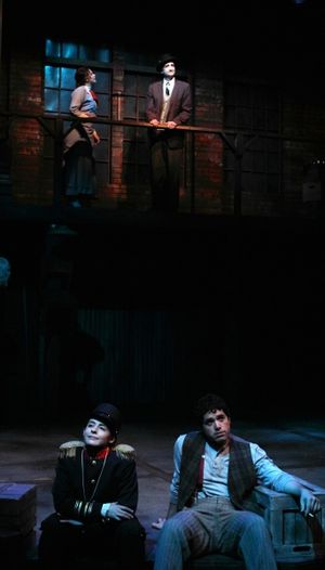 Above Harriet (Kendall Anne Thompson) and Professor C.C. Heintzeman (Jon Andrew Hegge) talk about the working boys band while below, Andy (Christian Bardin) and Franky (Ricardo Vazquez) relax in the moonlight @ BroadwayWorld Above Harriet (Kendall Anne Thompson) and Professor C.C. Heintzeman (Jon Andrew Hegge Photo