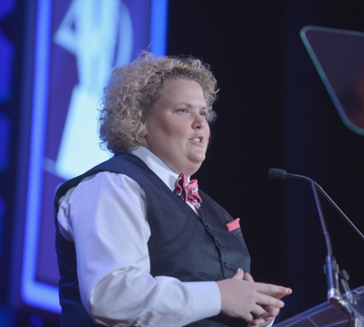 NEW YORK, NY - MAY 03:  Fortune Feimster speaks at the 25th Annual GLAAD Media Awards on May 3, 2014 in New York City.  (Photo by Stephen Lovekin/Getty Images for GLAAD) at 