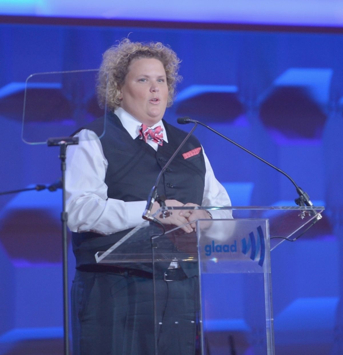 NEW YORK, NY - MAY 03:  Fortune Feimster speaks at the 25th Annual GLAAD Media Awards on May 3, 2014 in New York City.  (Photo by Stephen Lovekin/Getty Images for GLAAD) at 
