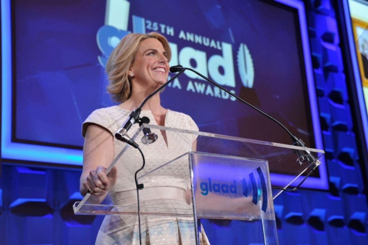 NEW YORK, NY - MAY 03: GLAAD CEO & President Sarah Kate Ellis speaks at the 25th Annual GLAAD Media Awards on May 3, 2014 in New York City.  (Photo by Stephen Lovekin/Getty Images for GLAAD) at 