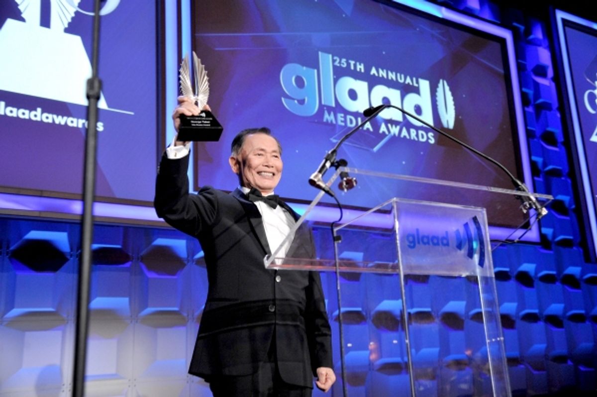 NEW YORK, NY - MAY 03:  George Takei speaks at the 25th Annual GLAAD Media Awards on May 3, 2014 in New York City.  (Photo by Stephen Lovekin/Getty Images for GLAAD) at 