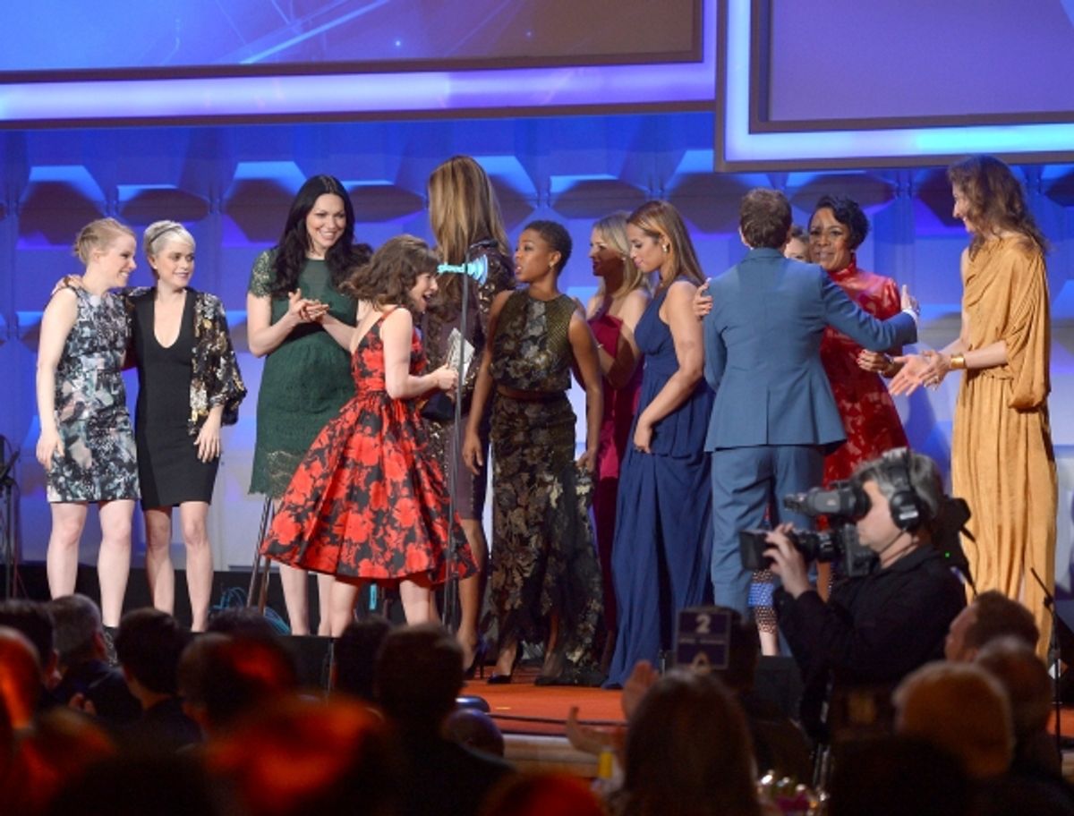NEW YORK, NY - MAY 03: Emma Myles, Taryn Manning, Laura Prepon, Yael Stone, Samira Wiley, Dascha Polanco, Selenis Leyva, Alysia Reiner attend the 25th Annual GLAAD Media Awards on May 3, 2014 in New York City.  (Photo by Stephen Lovekin/Getty Images for G at 