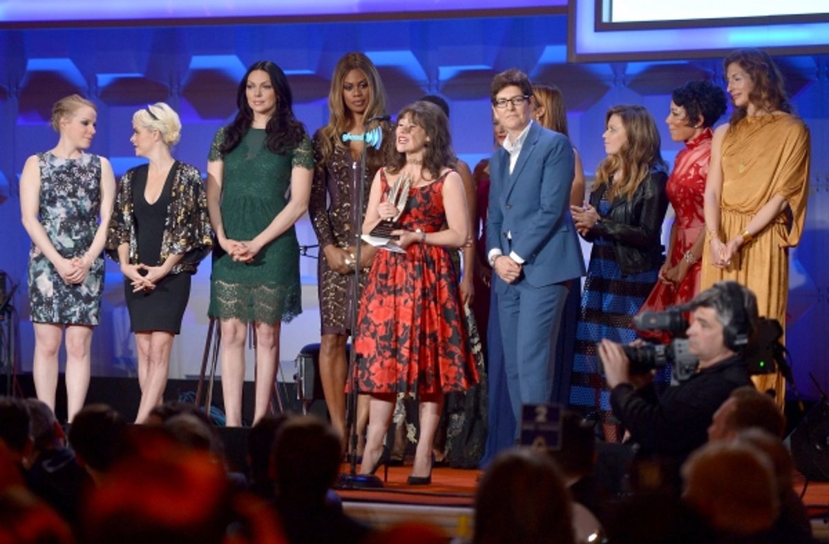 NEW YORK, NY - MAY 03: (L-R) Emma Myles, Taryn Manning, Laura Prepon, Laverne Cox, Yael Stone, Natasha Lyonne, Selenis Leyva, Alysia Reiner attend the 25th Annual GLAAD Media Awards on May 3, 2014 in New York City.  (Photo by Stephen Lovekin/Getty Images  at 