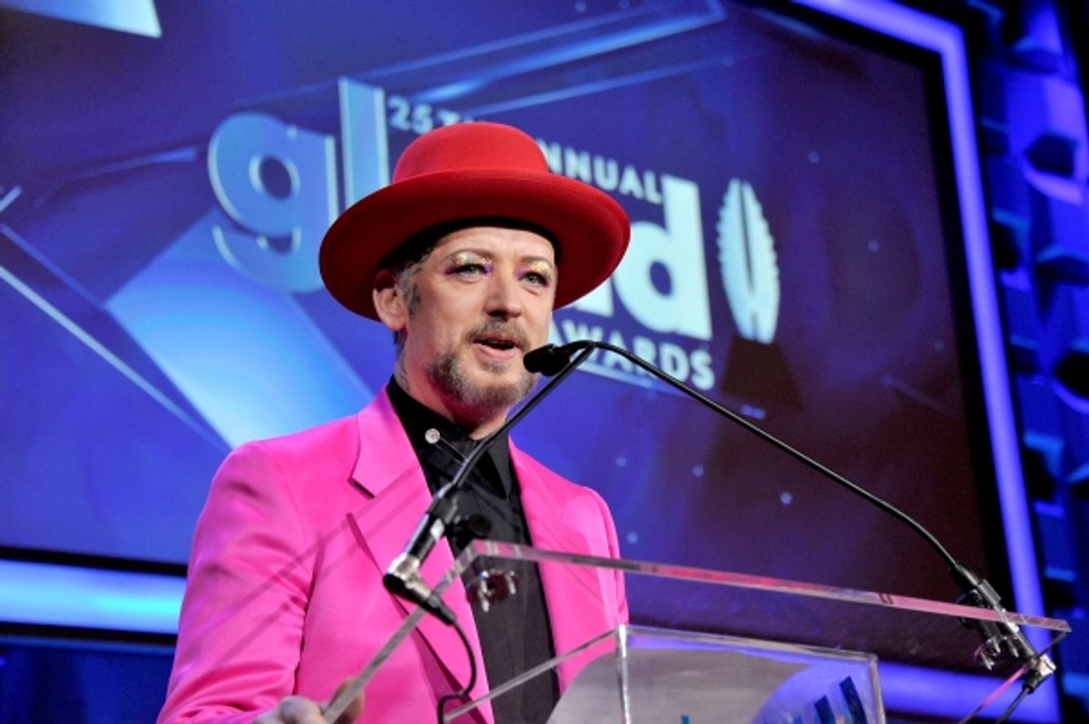 NEW YORK, NY - MAY 03:  Boy George speaks at the 25th Annual GLAAD Media Awards on May 3, 2014 in New York City.  (Photo by Stephen Lovekin/Getty Images for GLAAD) at 