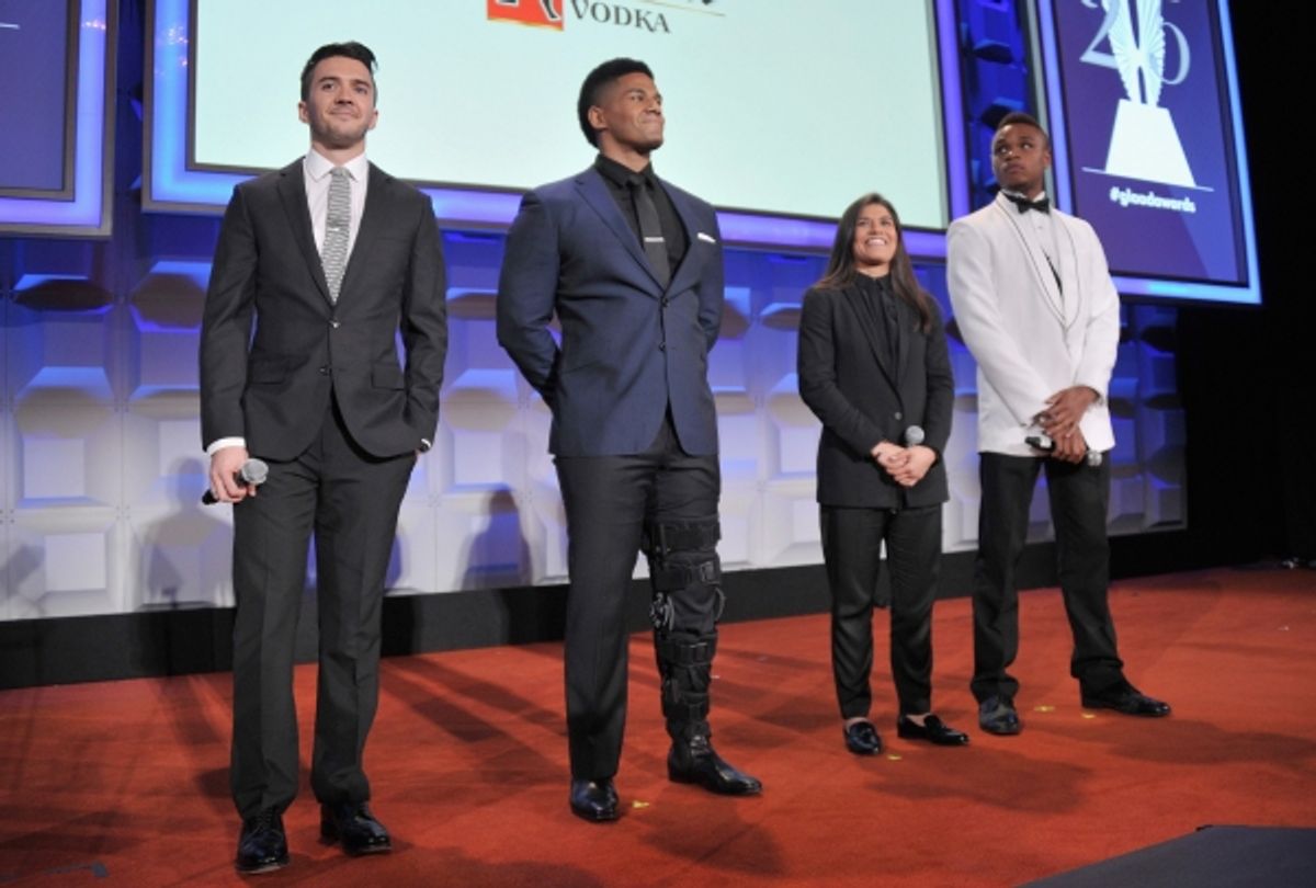 NEW YORK, NY - MAY 03:  Blake Skjellerup, Darren Young, Jessica Aguilar and Derrick Gordon attend the 25th Annual GLAAD Media Awards on May 3, 2014 in New York City.  (Photo by Stephen Lovekin/Getty Images for GLAAD) at 