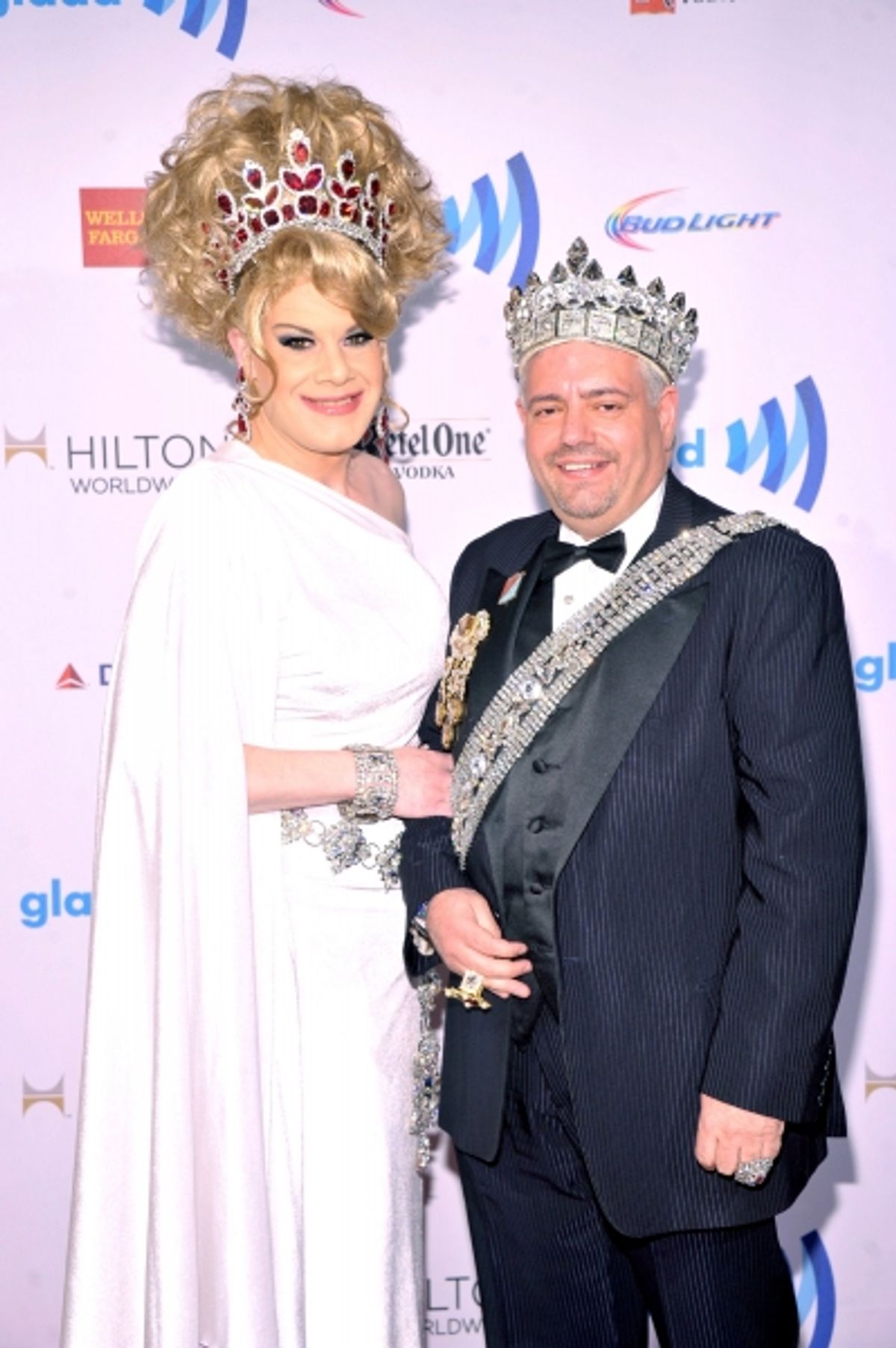 NEW YORK, NY - MAY 03:  Empress XXVIII Twinkle Montgomery (L) and Emperor XXIII Tony Monteleone (R) attends the 25th Annual GLAAD Media Awards on May 3, 2014 in New York City.  (Photo by Stephen Lovekin/Getty Images for GLAAD) at 