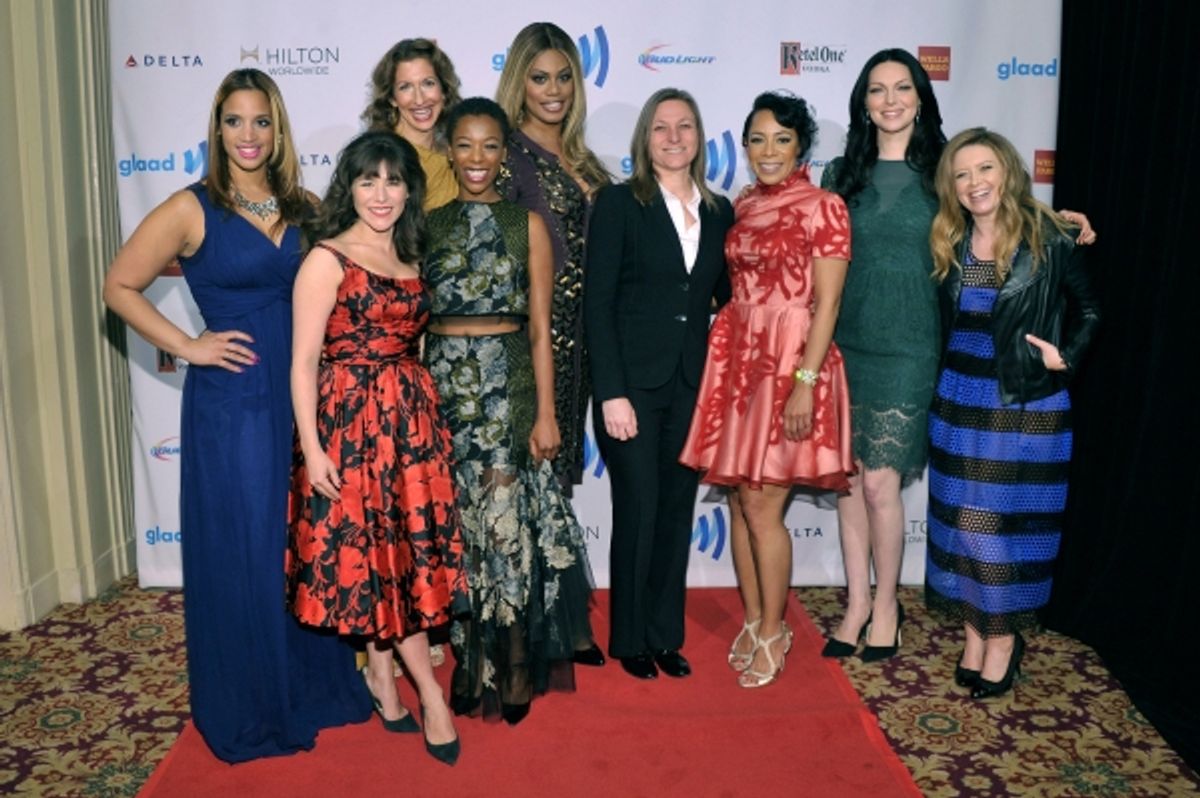 NEW YORK, NY - MAY 03:  (L-R) Dascha Polanco, Yael Stone, Alysia Reiner, Samira Wiley, Laverne Cox, Selenis Leyva, Laura Prepon and Natasha Lyonne attend the 25th Annual GLAAD Media Awards on May 3, 2014 in New York City.  (Photo by Stephen Lovekin/Getty  at 