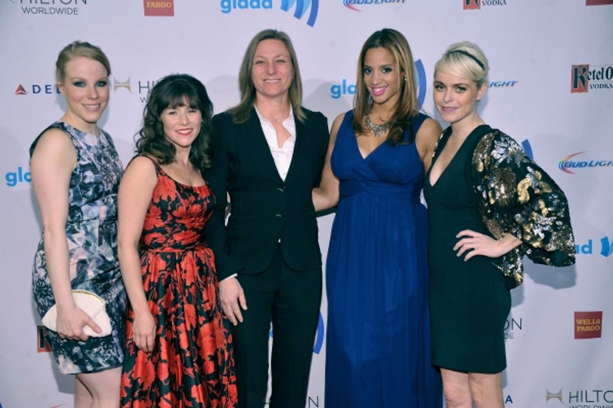 NEW YORK, NY - MAY 03: (L-R) Emma Myles, Yael Stone, Dascha Polanco and Taryn Manning attend the 25th Annual GLAAD Media Awards on May 3, 2014 in New York City.  (Photo by Stephen Lovekin/Getty Images for GLAAD) at 