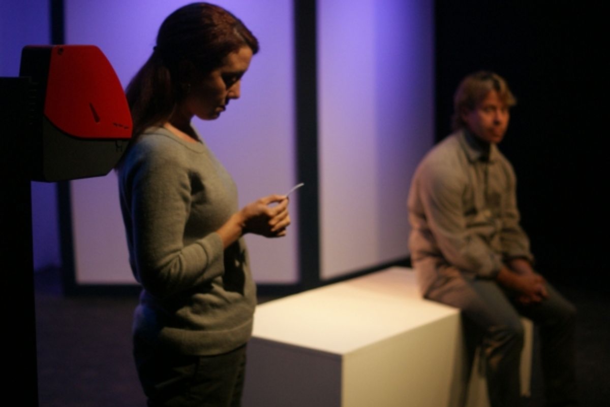 Melissa Bair as Woman, left to right, and Stephen Woosley as Man in the short play ''Take a Number'' by Kathlene McGovern, a part of MadLab''s Theatre Roulette. at 
