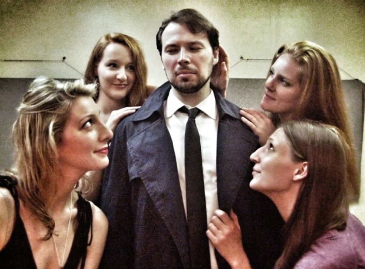 Eric Percival (Alf) surrounded by Ashley Lovell , Rachel Pfennigwerth, Emilie Bienne and Jennifer Lynn Tune,  as Eva and Erna at 