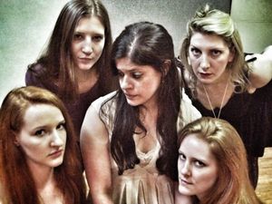 Amanda Marikar (Geli) surrounded by Jennifer Lynn Tune, Rachel Pfennigwerth, Ashley Lovell and Emilie Bienne as Eva and Erna @ BroadwayWorld Amanda Marikar (Geli) surrounded by Jennifer Lynn Tune, Rachel Pfennigwerth, Ashley L Photo