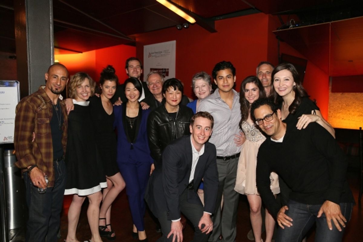 Cast members Hector Atreyu Ruiz, Monica Horan, Devin Kelley, Jackie Chung, Malcolm Madera, Sam Anderson, playwright Kimber Lee, cast members Stephen Ellis, Alyson Reed, Erick Lopez, Savannah Lathem, JosÃ'Â© Zuniga, director Neel Keller and cast member Reb at 