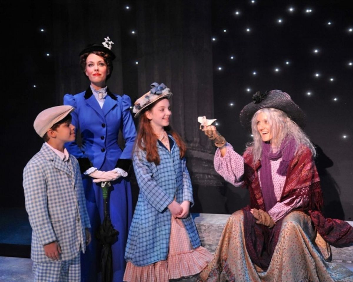 Lauren Blackman (as Mary Poppins), Gabriel Reis and Michelle Moughan (as Michael and Jane Banks), and Laura Cable (as Bird Woman) in ''Feed the Birds'' at 