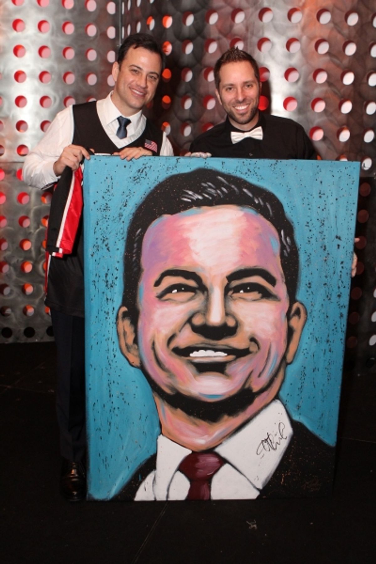 Jimmy Kimmel poses with speed painter, Tim Decker, and his portrait at Ã¢â‚¬Å“An Evening with Dave RiceÃ¢â‚¬Â at Jimmy Kimmel and More in 'An Evening With Dave Rice' Gala