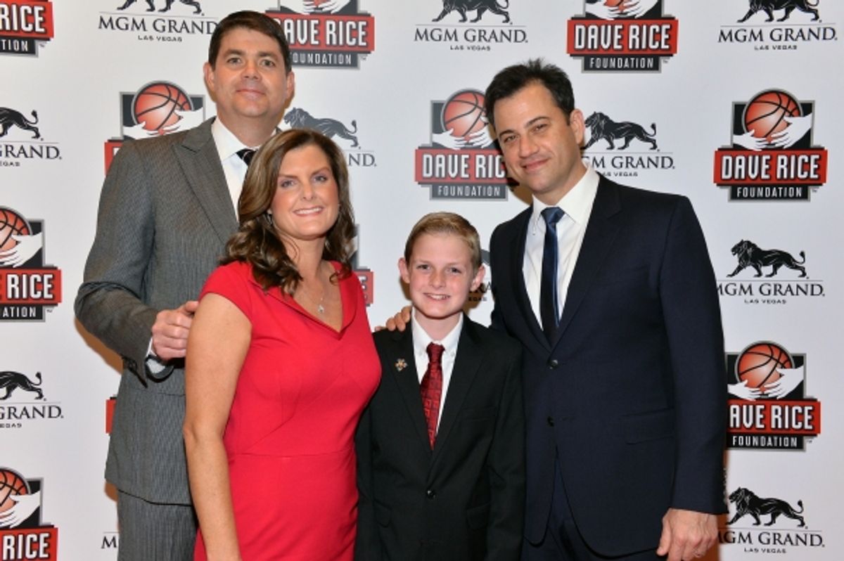 UNLV RunninÃ¢â‚¬â„¢ Rebels head coach, Dave Rice, Mindy Rice, Dylan Rice and Jimmy Kimmel at Ã¢â‚¬Å“An Evening with Dave RiceÃ¢â‚¬Â at Jimmy Kimmel and More in 'An Evening With Dave Rice' Gala
