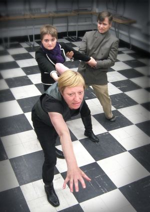 Karen Ball as Hamlet, Jessica Labbe as Hamlet, and Tom Wallace Photo