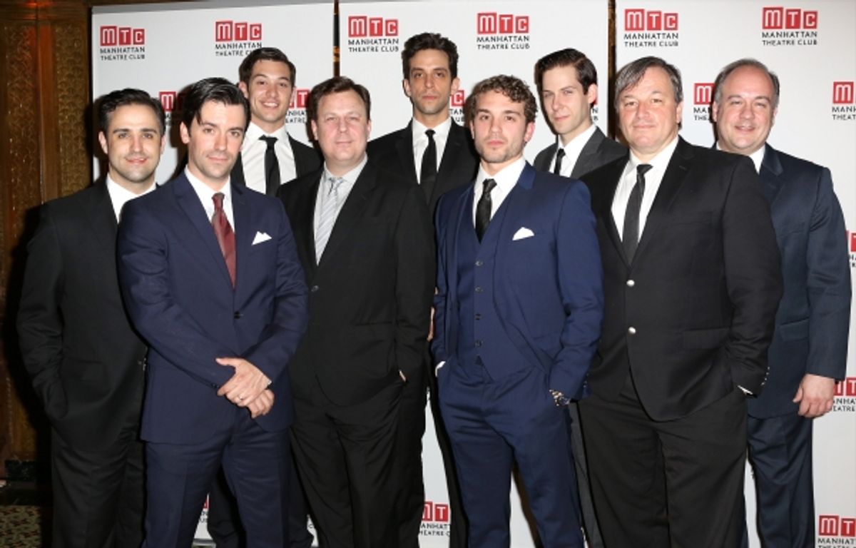 Brooks Ashmanskas and Nick Cordero with the cast of ''Bullets Over Broadway''  at 