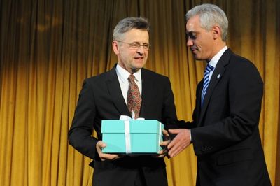 Chicago Mayor Rahm Emanuel presents Mikhail Baryshikov with Hubbard StreetÃ¢â‚¬ Photo