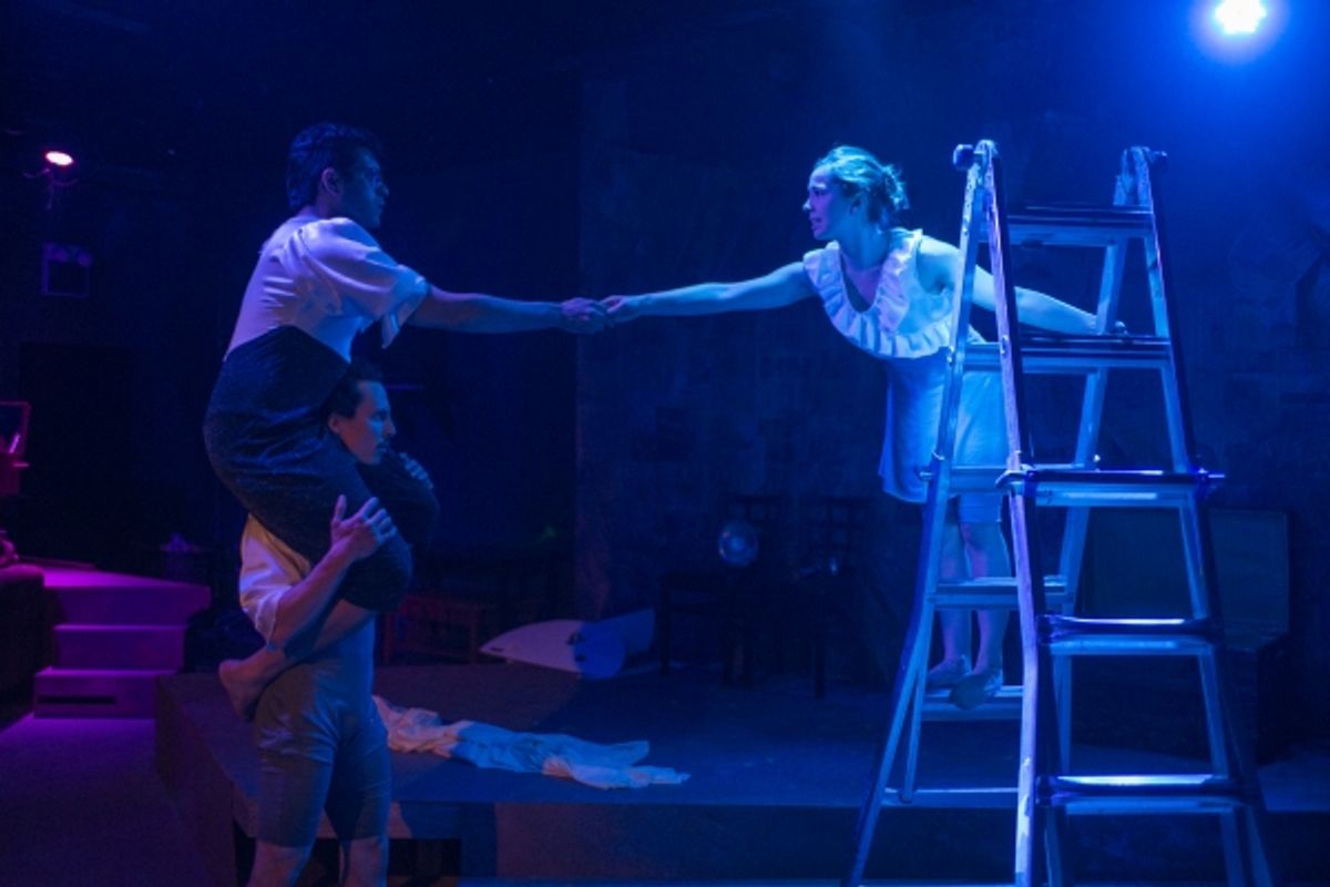 The Distance to the Moon, devised by First Floor, directed by Jesse Roth.  Pictured: Owais Amed (left on shoulders), Micah Figuerroa (left) and Antora Delong (right) at 