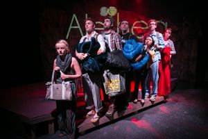 Goodbye, Night, devised by The New Colony, written by Nick Delehanty, directed by Thrisa Hodits. Pictured: (left to right) Hannah Alcom, Brandon Ruiter, Partiac Coakley, Nathan Hulne, Stephanie Shum, Chris Fowler and Nelia Miller. @ BroadwayWorld Goodbye, Night, devised by The New Colony, written by Nick Delehanty, directed by Thr Photo