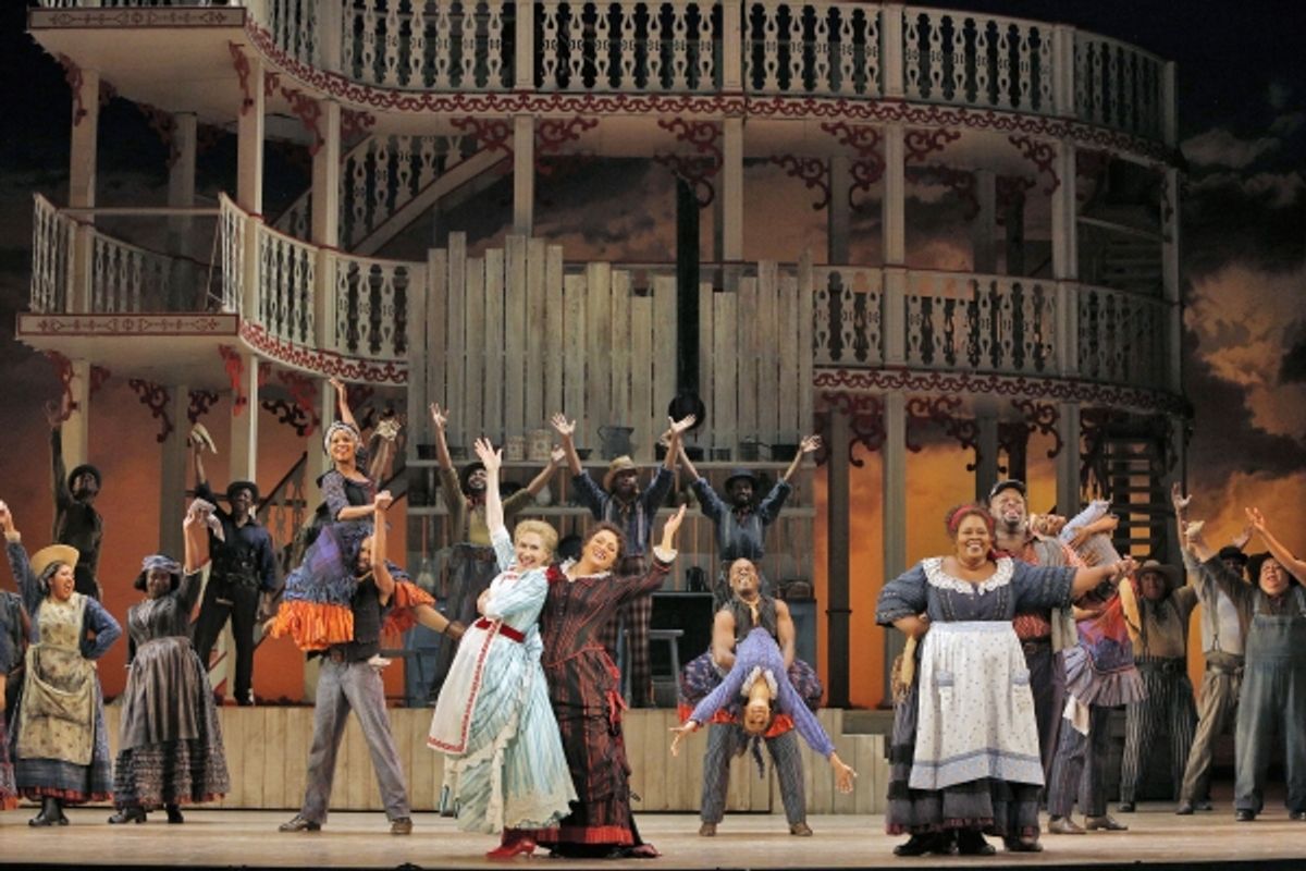 Heidi Stober (Magnolia Hawks), Patricia Racette (Julie La Verne), Angela Renee Simpson (Queenie) and Morris Robinson (Joe) with chorus and dancers at 