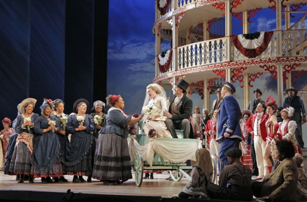 Angela Renee Simpson (Queenie), Heidi Stober (Magnolia Hawks), Michael Todd Simpson (Gaylord Ravenal) and Bill Irwin (Cap''n Andy)with chorus and dancers at 