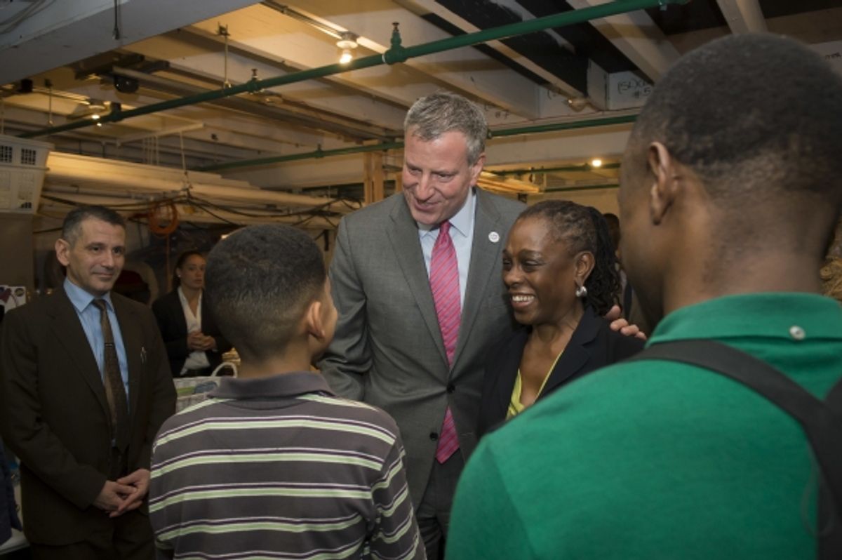 Mayor Bill de Blasio and First Lady Chirlane McCray greet the cast of Broadway''s A Raisin In The Sun during intermission at 