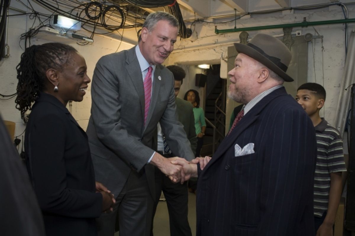 Mayor Bill de Blasio and First Lady Chirlane McCray greet the cast of Broadway''s A Raisin In The Sun during intermission at 