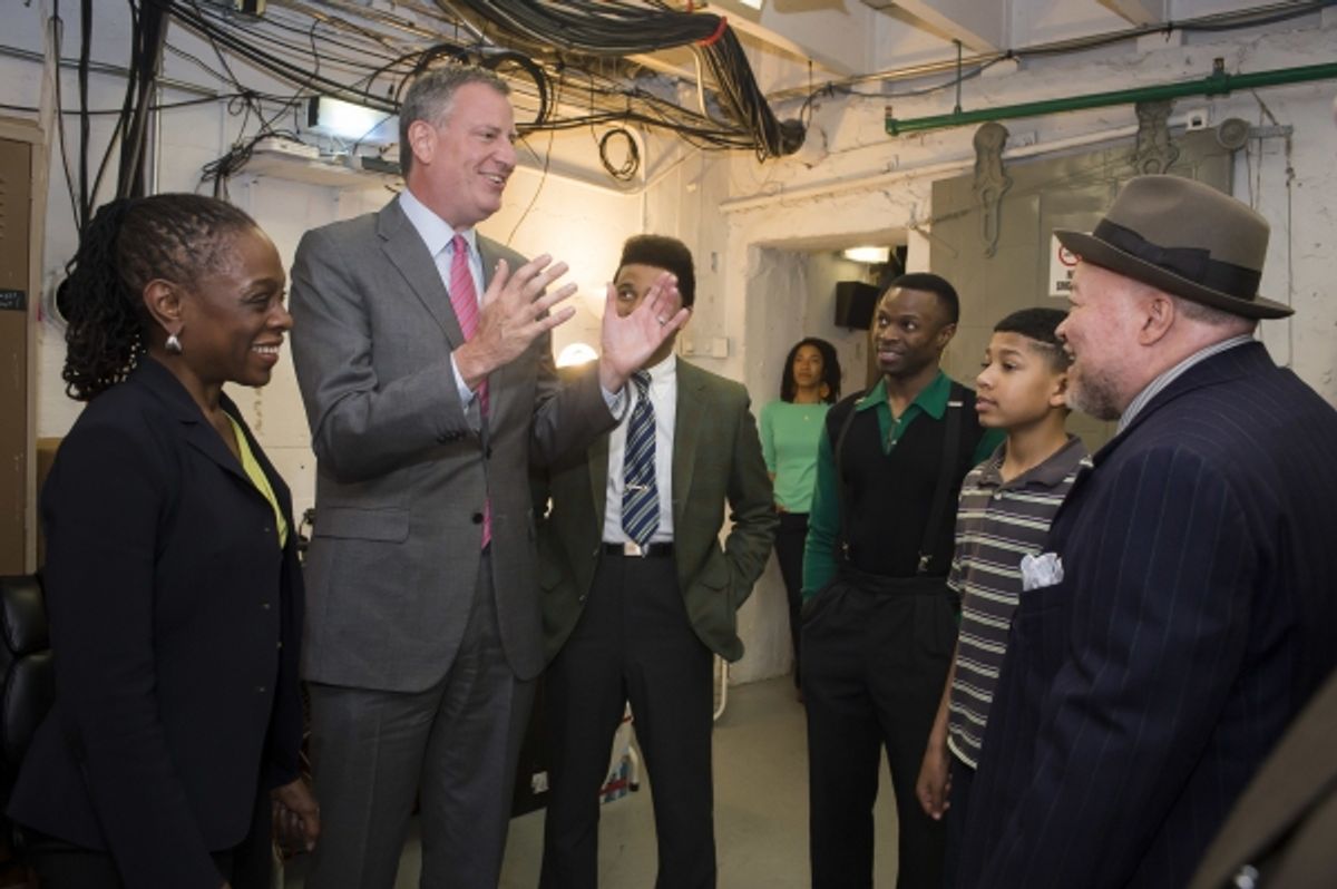 Mayor Bill de Blasio and First Lady Chirlane McCray greet the cast of Broadway''s A Raisin In The Sun during intermission at 