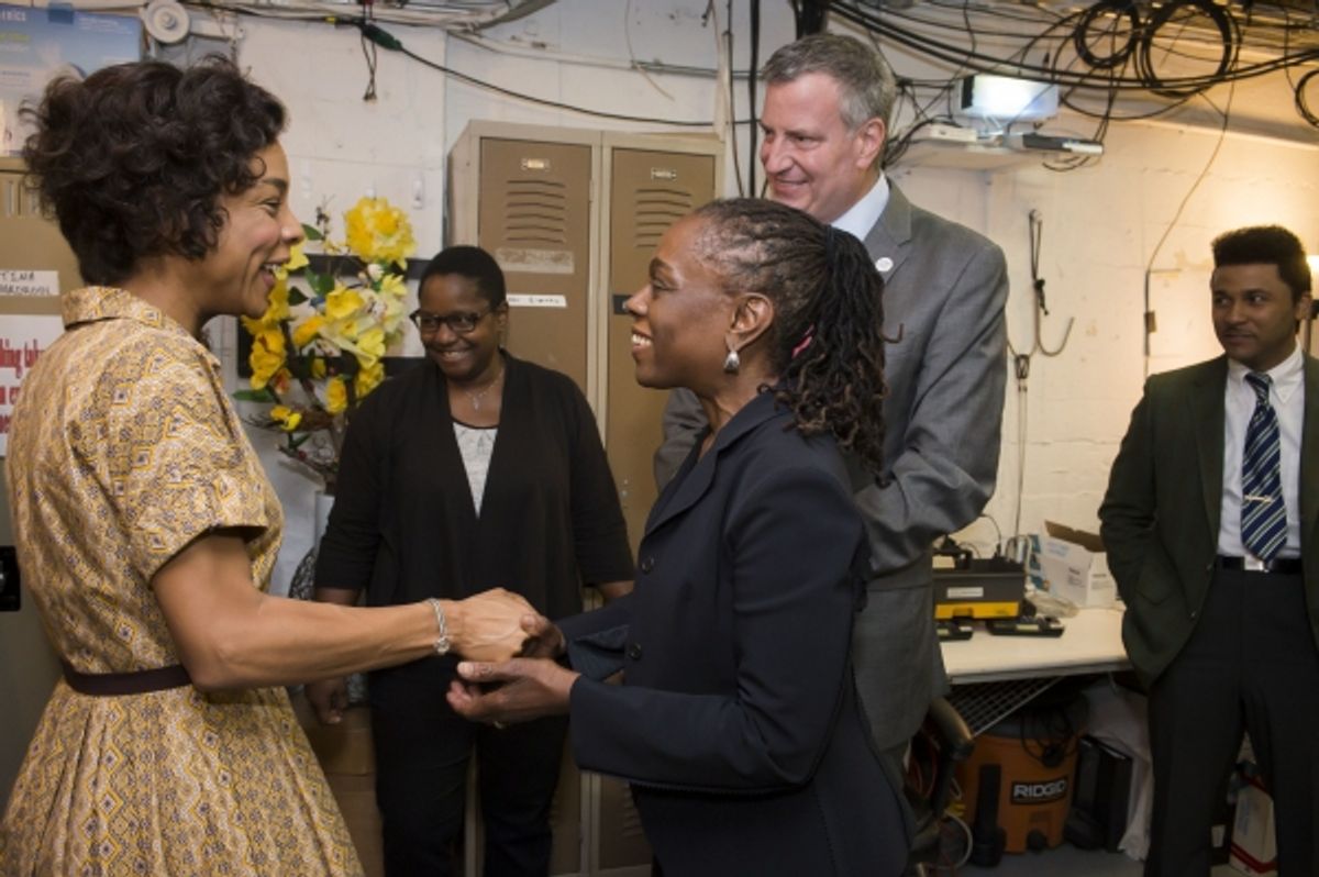 Mayor Bill de Blasio and First Lady Chirlane McCray greet the cast of Broadway''s A Raisin In The Sun during intermission at 