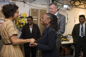 Mayor Bill de Blasio and First Lady Chirlane McCray greet the cast of Broadway''s A R Photo