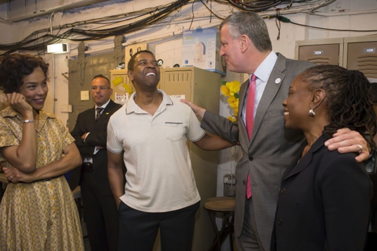 Mayor Bill de Blasio and First Lady Chirlane McCray greet the cast of Broadway''s A Raisin In The Sun during intermission at 