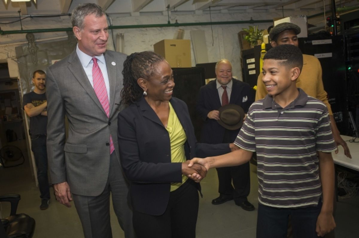 Mayor Bill de Blasio and First Lady Chirlane McCray greet the cast of Broadway''s A Raisin In The Sun during intermission at 
