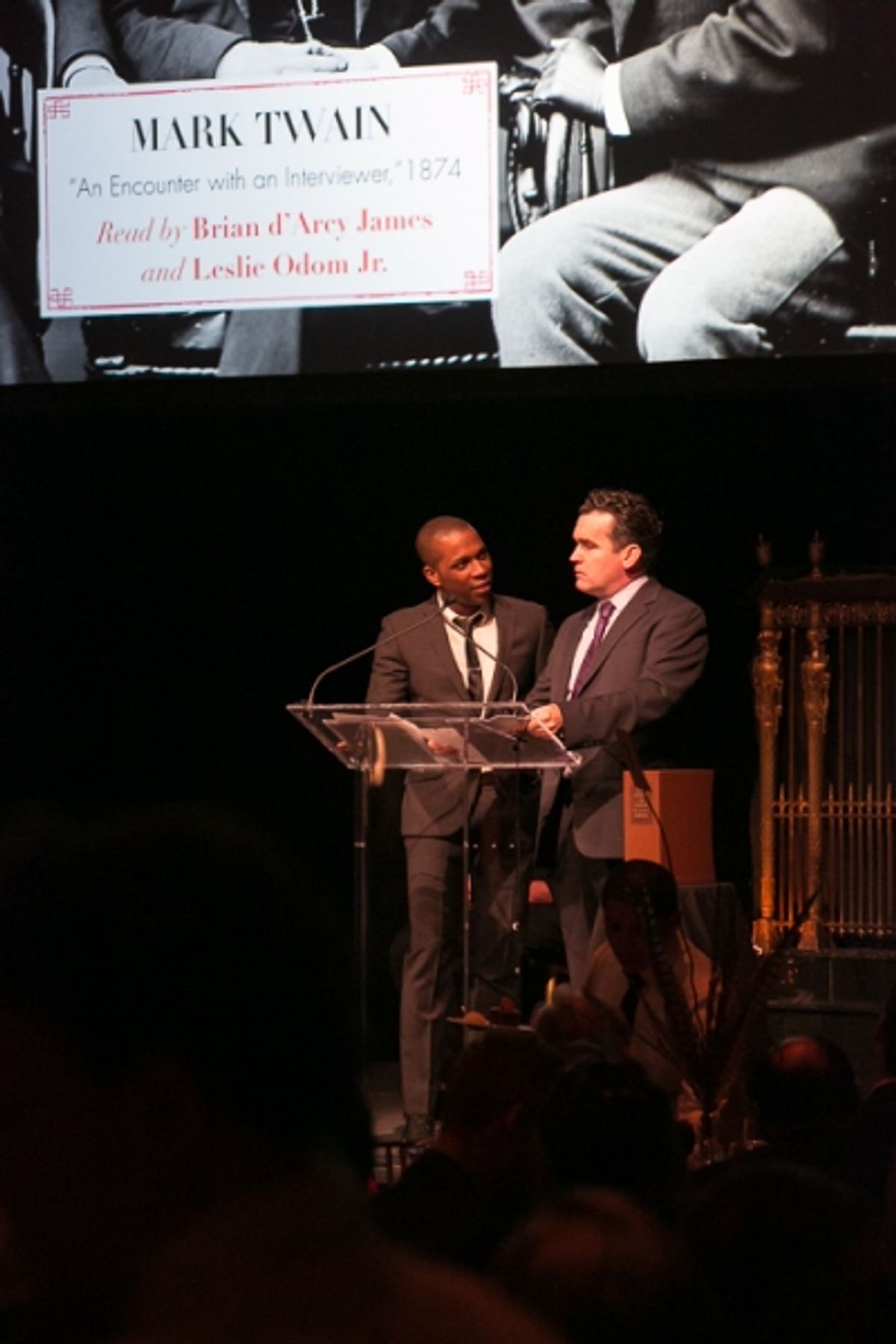 Leslie Odom Jr. and Brian dÃ¢â‚¬â„¢Arcy James reading excerpts from an interview with Mark Twain at 