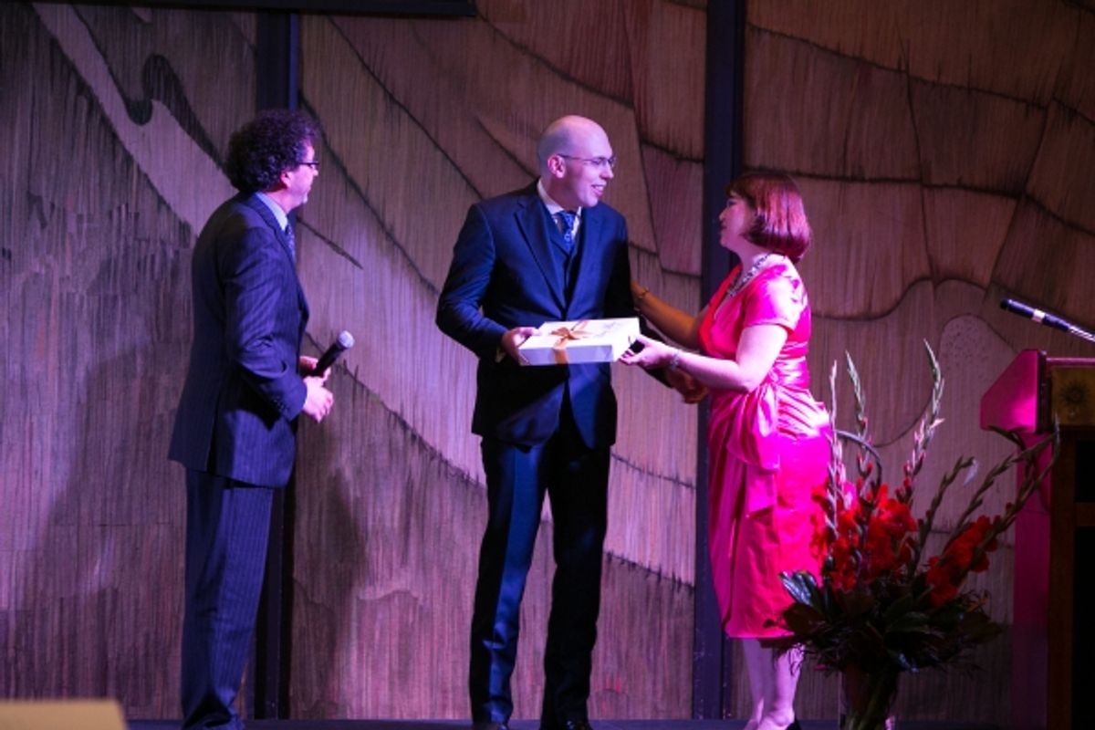 Oh! Artistic Director Enrique CarreÃƒÆ’Ã‚Â³n-Robledo with gala honoree Petros Carvounis, M.D., and Oh! Executive Director Stephanie Helms, who is presenting a gift of appreciation to Dr. Carvounis. at Opera in the Heights Hosts BRAVISSIMO! 2014: 'THE GRAND GALA'
