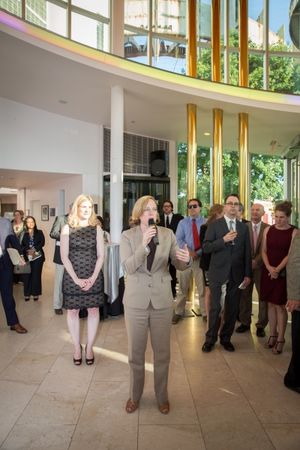 Queens Borough President Melinda Katz speaking at cocktail hour Photo