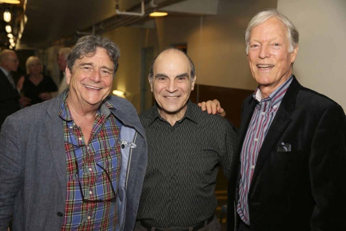 From left, cast members Richard O''Callaghan and David Suchet pose with actor Richard Chamberlain backstage after the opening night performance of ''The Last Confession'' at the Center Theatre Group/Ahmanson Theatre on Wednesday, June 11, 2014, in Los Ang at 