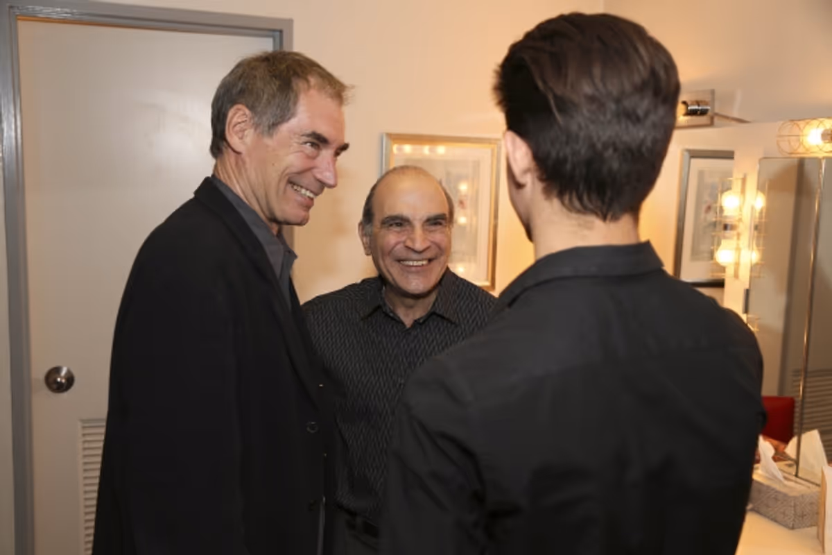 From left, actor Timothy Dalton, cast member David Suchet and Alexander Dalton talk backstage after the opening night performance of ''The Last Confession'' at the Center Theatre Group/Ahmanson Theatre on Wednesday, June 11, 2014, in Los Angeles, Calif. ( at 