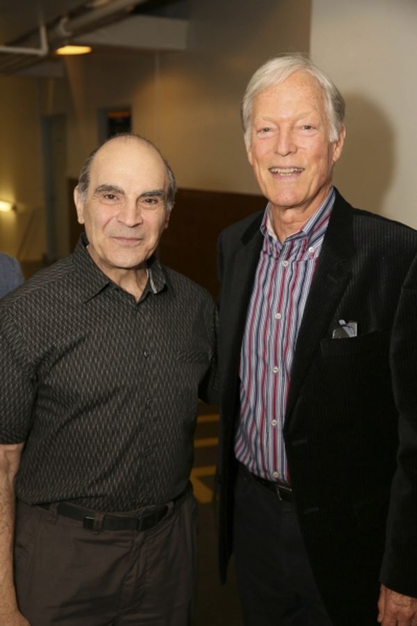 From left, cast member David Suchet and actor Richard Chamberlain pose backstage afte Photo